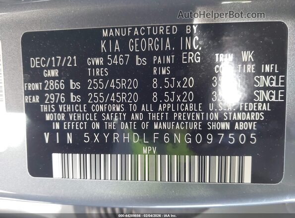 5XYRHDLF6NG097505 2022 KIA SORENTO Gray Widok komory silnika