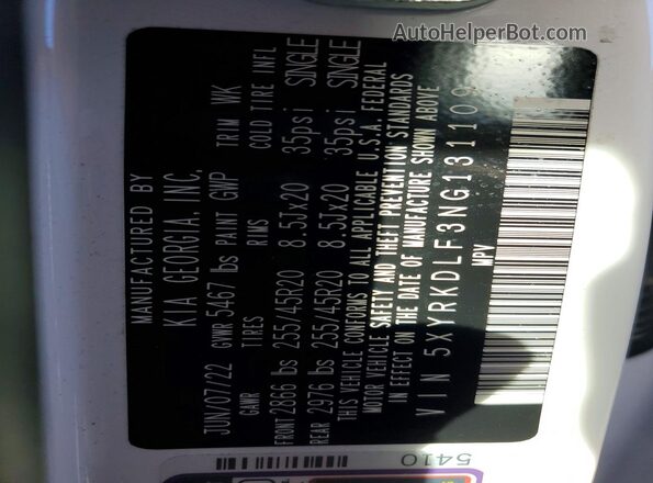 5XYRKDLF3NG131109 2022 KIA SORENTO White VIN sticker view
