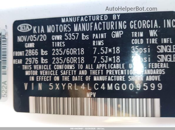 5XYRL4LC4MG009599 2021 KIA SORENTO White Engine compartment view