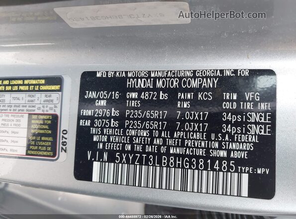 5XYZT3LB8HG381485 2017 HYUNDAI SANTA FE SPORT Silver 