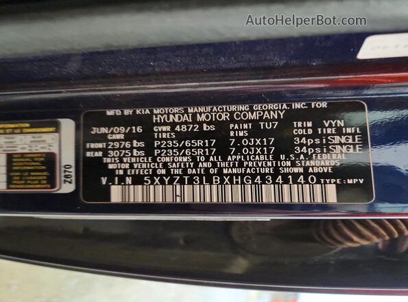 5XYZT3LBXHG434140 2017 HYUNDAI SANTA Blue Vista del compartimento del motor