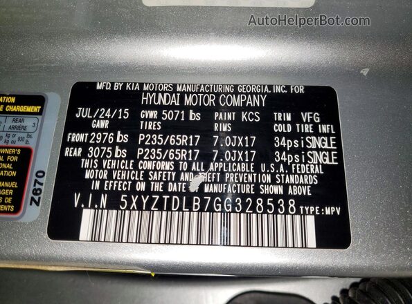 5XYZTDLB7GG328538 2016 HYUNDAI SANTA Silver VIN კოდის სტიკერის ხედი