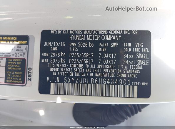 5XYZUDLB6HG434901 2017 HYUNDAI SANTA FE SPORT White 
