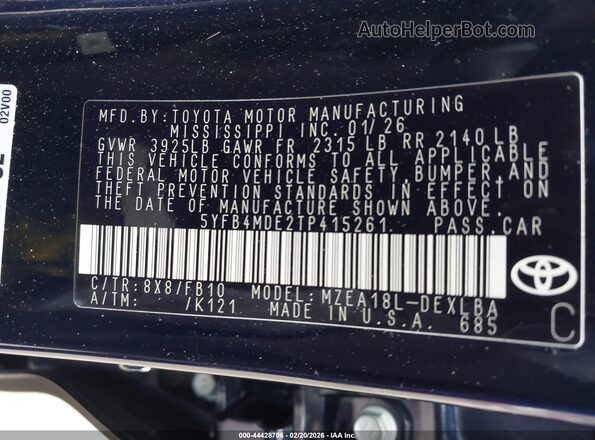 5YFB4MDE2TP415261 2026 TOYOTA LL Blue Շարժիչի բաժամունքի տեսք