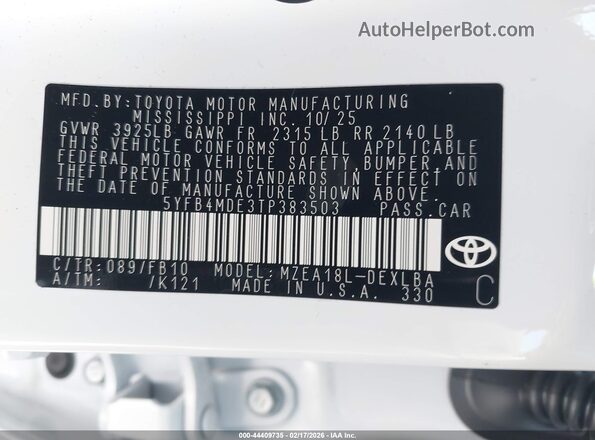 5YFB4MDE3TP383503 2026 TOYOTA LL White Շարժիչի բաժամունքի տեսք