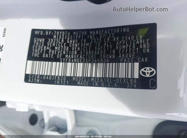 5YFB4MDE7SP345934 2025 TOYOTA LL White Vista del compartimento del motor