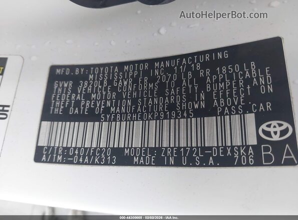 5YFBURHE0KP919345 2019 TOYOTA LL White Widok komory silnika