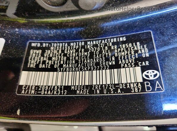 5YFBURHE5KP927232 2019 TOYOTA LL Black 