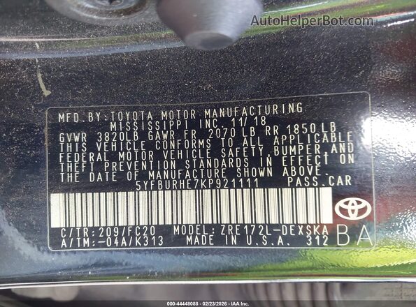 5YFBURHE7KP921111 2019 TOYOTA LL Black 