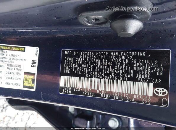 5YFEPMAE0NP366914 2022 TOYOTA LL Blue Շարժիչի բաժամունքի տեսք