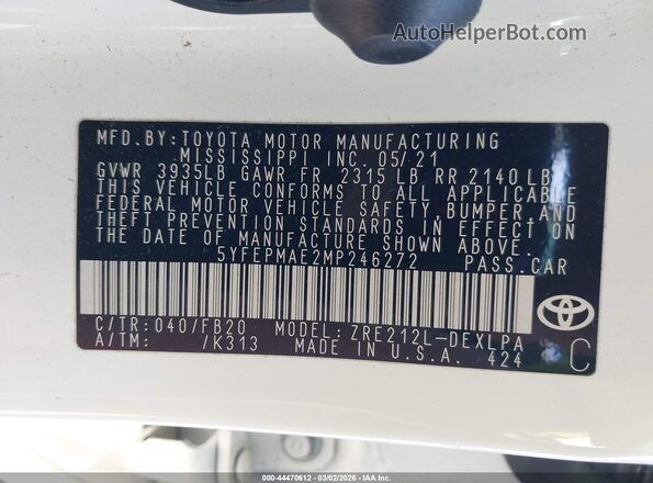 5YFEPMAE2MP246272 2021 TOYOTA LL White Շարժիչի բաժամունքի տեսք