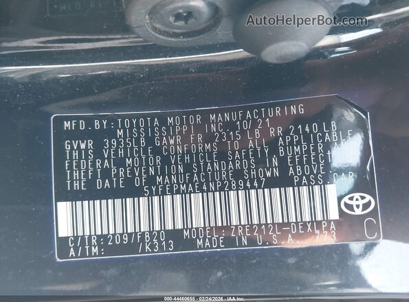 5YFEPMAE4NP289447 2022 TOYOTA LL Black Engine compartment view