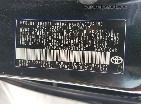 5YFEPMAE5NP343287 2022 TOYOTA LL Black VIN կոդի պիտակի տեսք