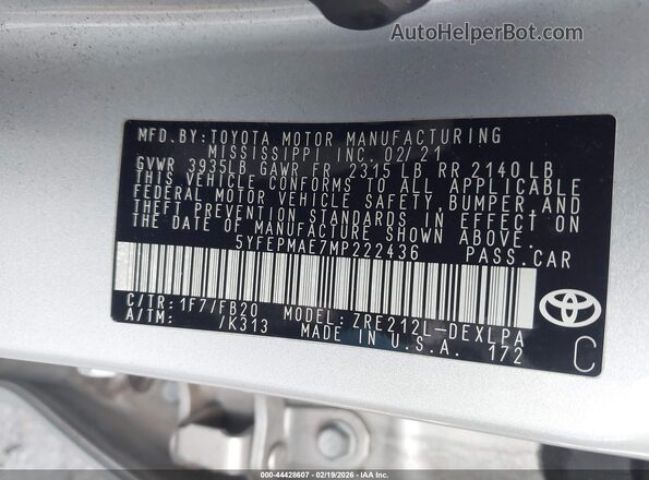 5YFEPMAE7MP222436 2021 TOYOTA LL Silver Widok komory silnika