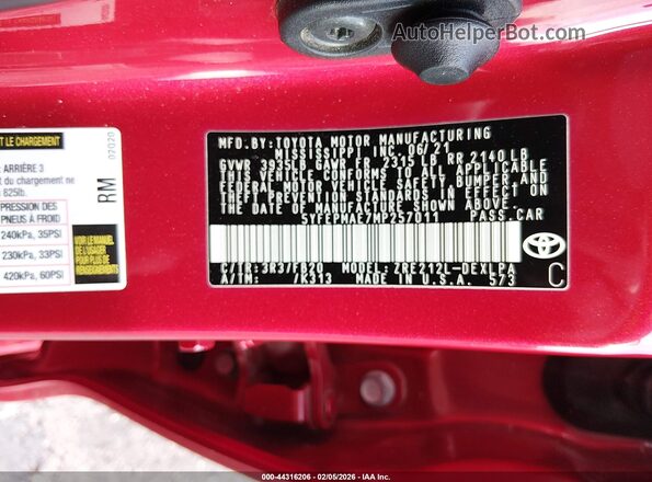 5YFEPMAE7MP257011 2021 TOYOTA LL Red Вид підкапотного простору
