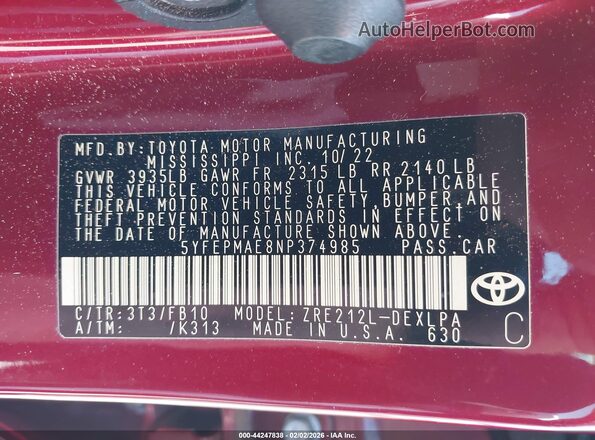 5YFEPMAE8NP374985 2022 TOYOTA LL Maroon Engine compartment view