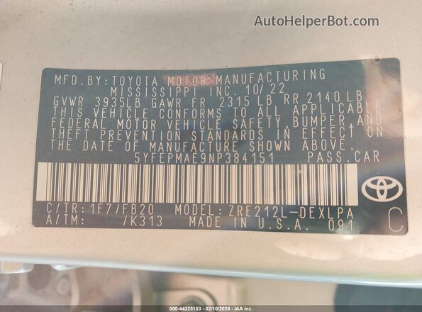 5YFEPMAE9NP384151 2022 TOYOTA LL White Вид підкапотного простору