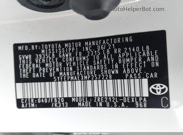 5YFEPMAEXMP257228 2021 TOYOTA LL White Engine compartment view