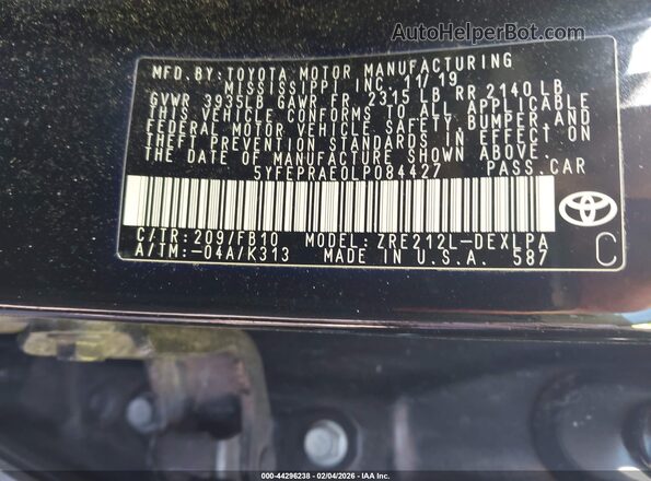 5YFEPRAE0LP084427 2020 TOYOTA LL Black Engine compartment view