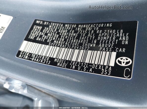 5YFEPRAE2LP043622 2020 TOYOTA LL Blue Engine compartment view