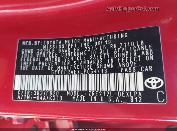 5YFEPRAEXLP064718 2020 TOYOTA LL Red Engine compartment view