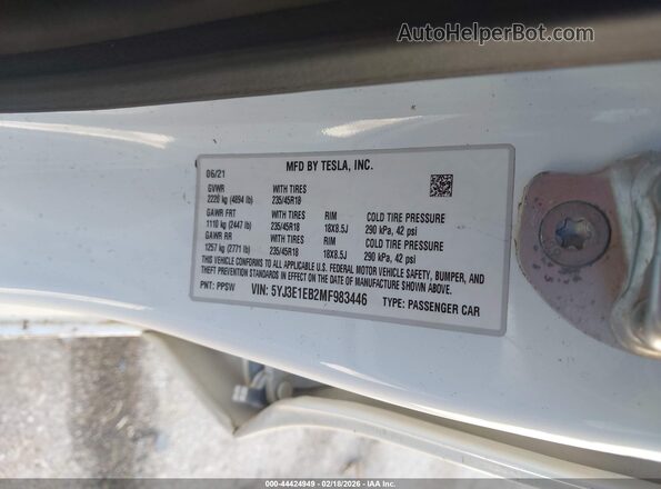 5YJ3E1EB2MF983446 2021 TESLA MODEL 3 Белый Вид подкапотного пространства