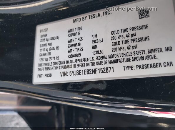 5YJ3E1EB2NF152871 2022 TESLA MODEL 3 White Widok komory silnika