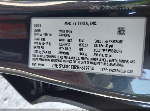 5YJ3E1EB2RF849754 2024 TESLA MODEL 3 Gray Engine compartment view