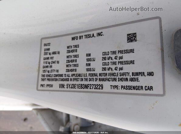 5YJ3E1EB3NF273229 2022 TESLA MODEL 3 White Вид підкапотного простору
