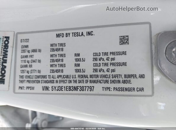 5YJ3E1EB3NF307797 2022 TESLA MODEL 3 White Вид підкапотного простору
