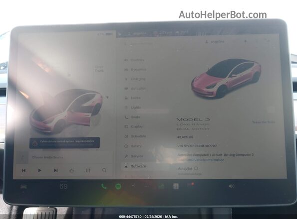 5YJ3E1EB3NF307797 2022 TESLA MODEL 3 White Вид задніх сидінь