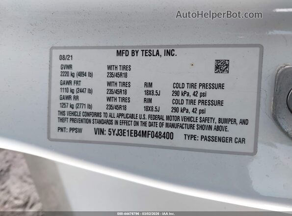 5YJ3E1EB4MF048400 2021 TESLA MODEL 3 White Widok komory silnika