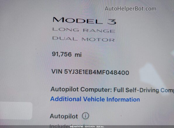 5YJ3E1EB4MF048400 2021 TESLA MODEL 3 White Widok wnętrza 360 stopni