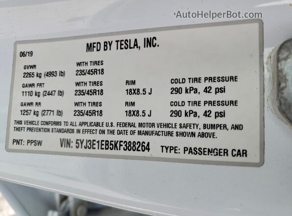 5YJ3E1EB5KF388264 2019 TESLA MODEL Белый 