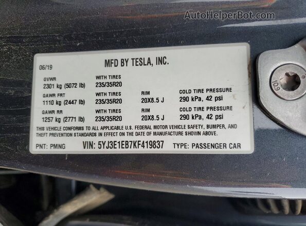 5YJ3E1EB7KF419837 2019 TESLA MODEL Серый 