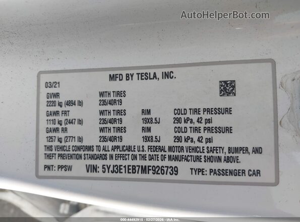 5YJ3E1EB7MF926739 2021 TESLA MODEL 3 White 