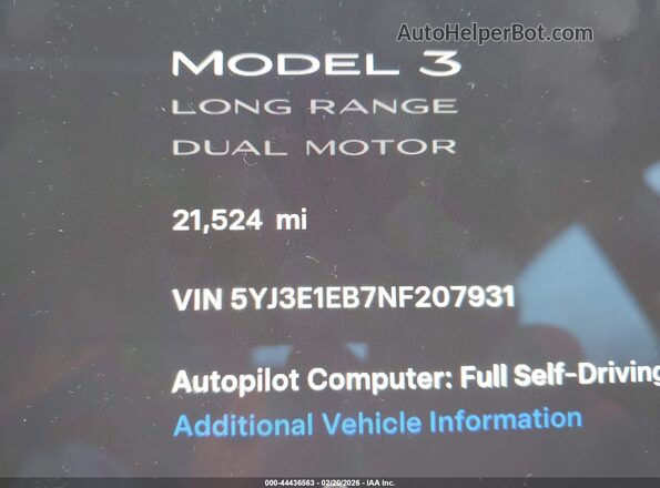 5YJ3E1EB7NF207931 2022 TESLA MODEL 3 Белый Панорамный вид салона 360°