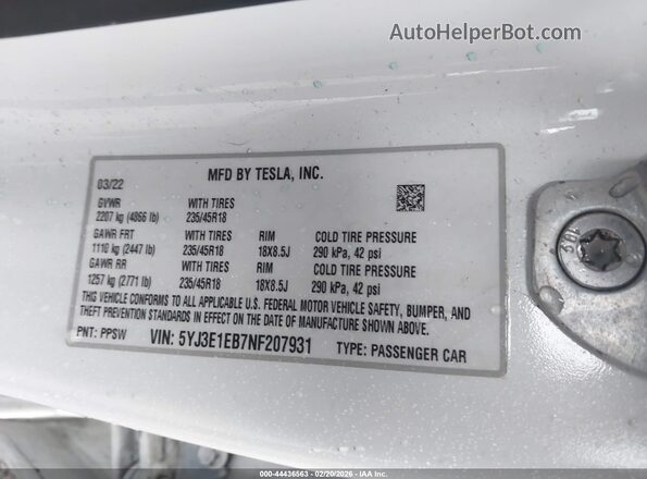 5YJ3E1EB7NF207931 2022 TESLA MODEL 3 Белый Вид подкапотного пространства