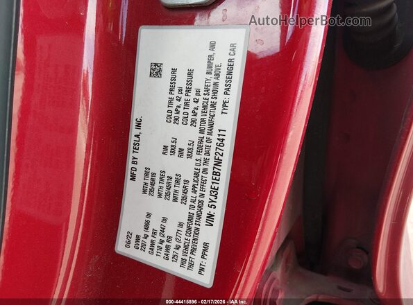 5YJ3E1EB7NF276411 2022 TESLA MODEL 3 Red 