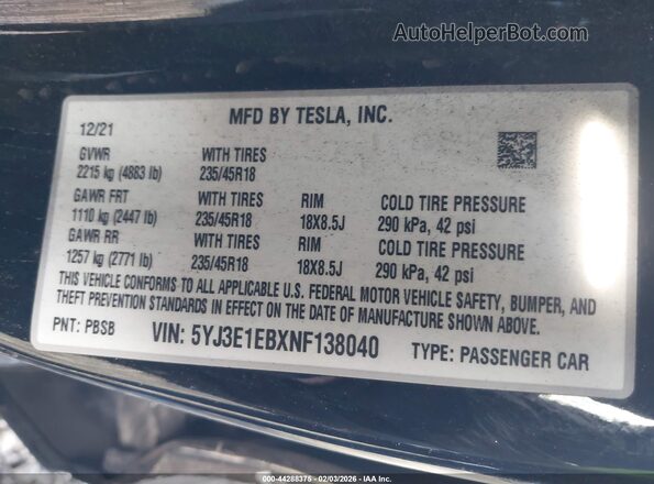 5YJ3E1EBXNF138040 2022 TESLA MODEL 3 Black Շարժիչի բաժամունքի տեսք