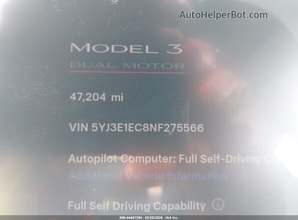 5YJ3E1EC8NF275566 2022 TESLA MODEL 3 Black 