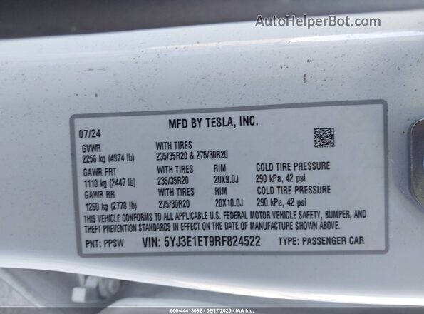 5YJ3E1ET9RF824522 2024 TESLA MODEL 3 Белый Вид подкапотного пространства