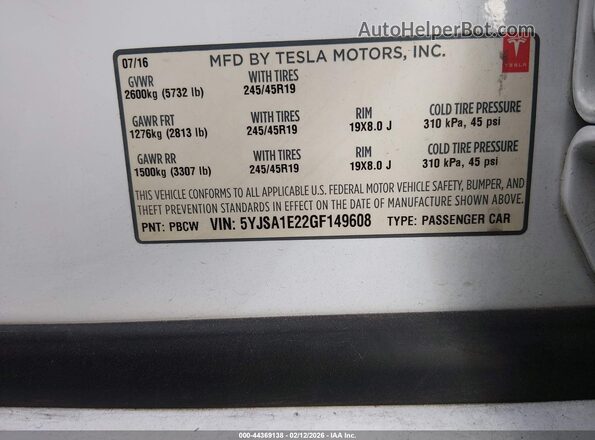 5YJSA1E22GF149608 2016 TESLA MODEL S White Widok komory silnika