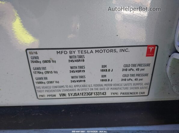 5YJSA1E23GF133143 2016 TESLA MODEL S White VIN კოდის სტიკერის ხედი