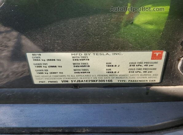 5YJSA1E29KF305166 2019 TESLA MODEL Gray 