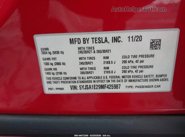 5YJSA1E29MF425987 2021 TESLA MODEL S Red Vista del compartimento del motor