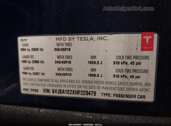 5YJSA1E2XHF229479 2017 TESLA MODEL S Blue 