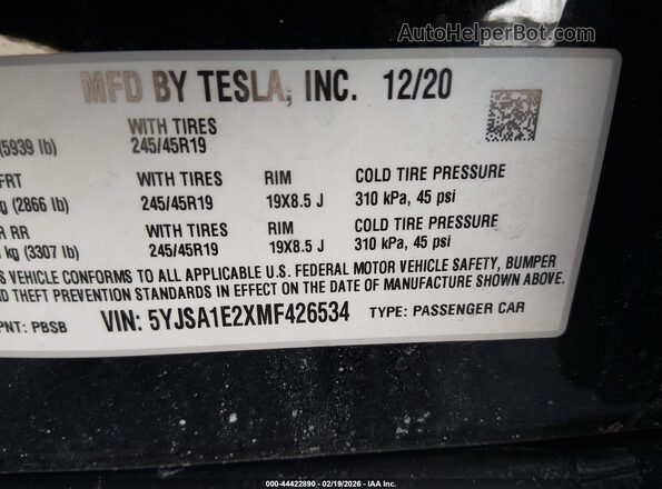 5YJSA1E2XMF426534 2021 TESLA MODEL S Black ძრავის განყოფილების ხედი