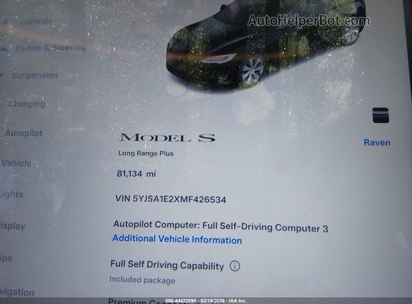 5YJSA1E2XMF426534 2021 TESLA MODEL S Black სალონის 360-გრადუსიანი ხედი