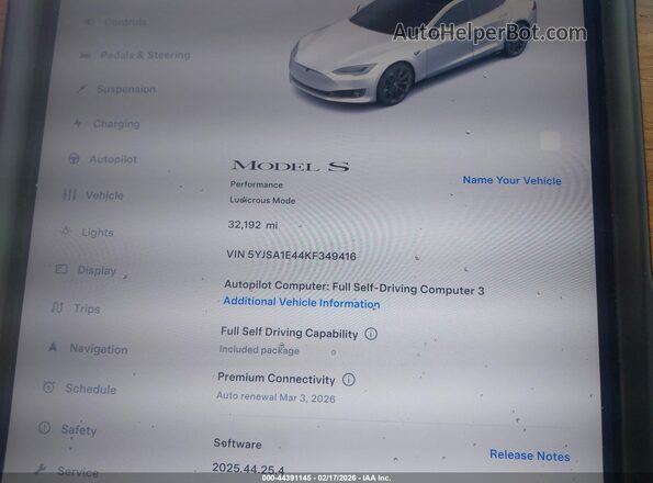 5YJSA1E44KF349416 2019 TESLA MODEL S White 